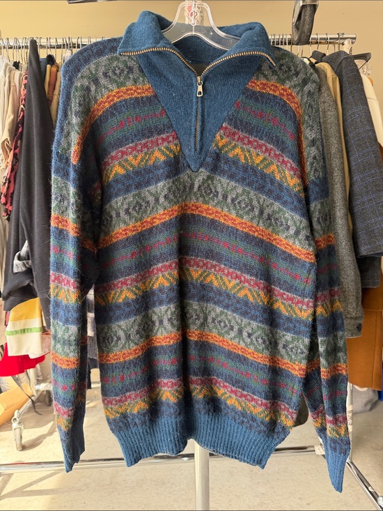 Other - Alpaca Wool Men's Blue Patterned Half-Zip Sweater